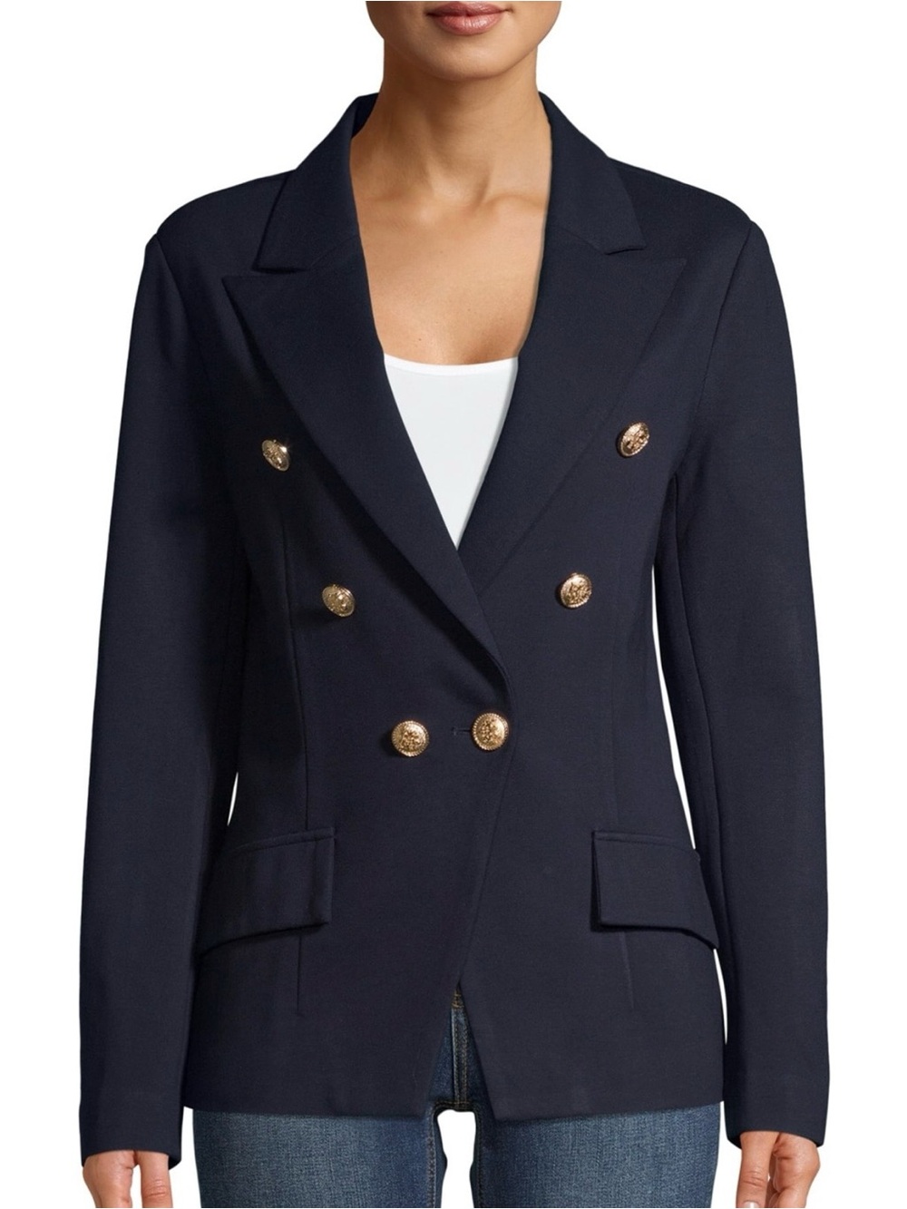 Classic Navy Double-Breasted Blazer with Gold Buttons Ponte NWOT